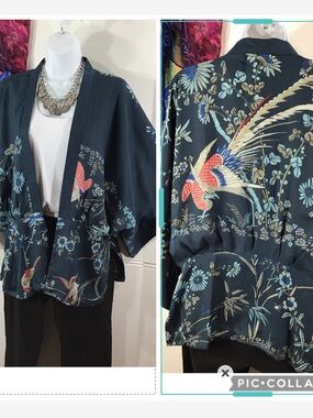 Escalier Navy Floral Bird Kimono Jacket lined artisan